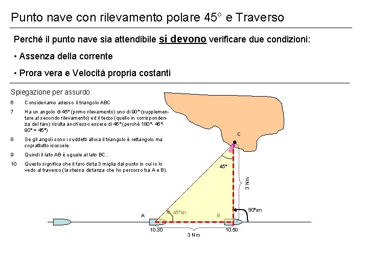 Punto nave con rilevamento polare 45° e Traverso Perché il punto nave sia attendibile