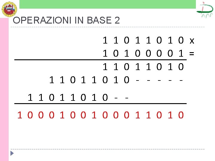 OPERAZIONI IN BASE 2 1 1 1 0 1 0 1 0 0 1