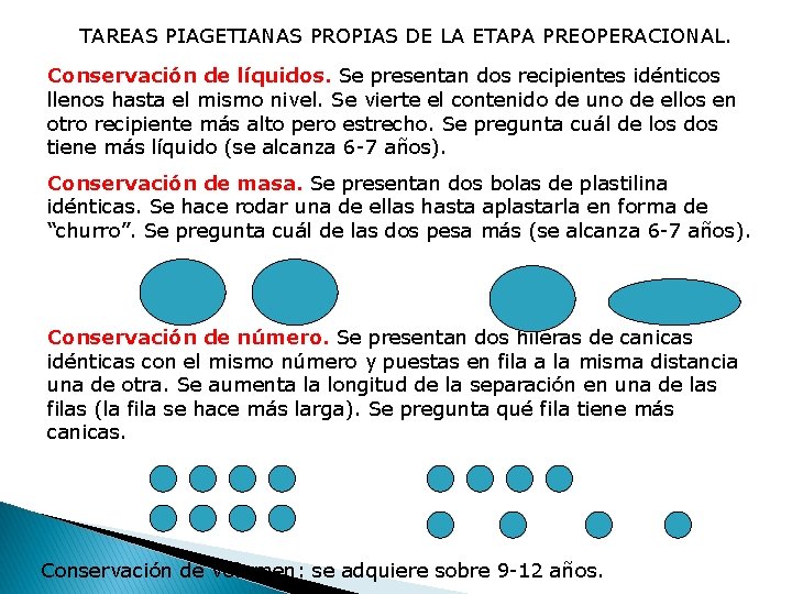 TAREAS PIAGETIANAS PROPIAS DE LA ETAPA PREOPERACIONAL. Conservación de líquidos. Se presentan dos recipientes