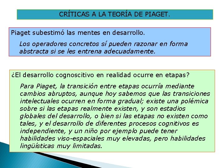 CRÍTICAS A LA TEORÍA DE PIAGET. Piaget subestimó las mentes en desarrollo. Los operadores