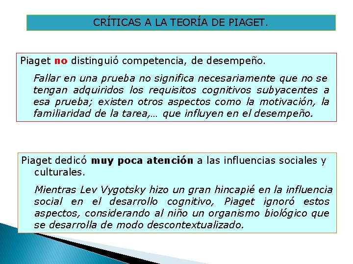 CRÍTICAS A LA TEORÍA DE PIAGET. Piaget no distinguió competencia, de desempeño. Fallar en