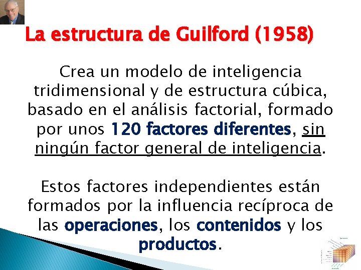 La estructura de Guilford (1958) Crea un modelo de inteligencia tridimensional y de estructura