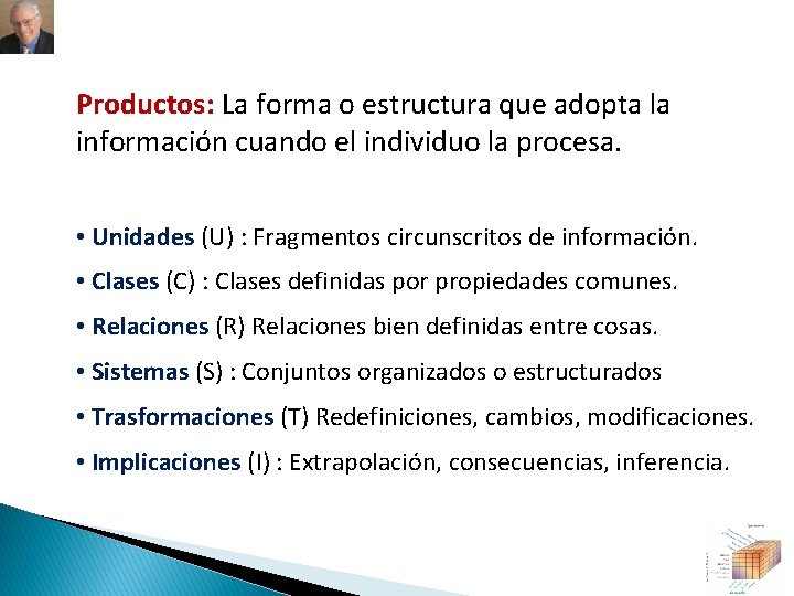 Productos: La forma o estructura que adopta la información cuando el individuo la procesa.