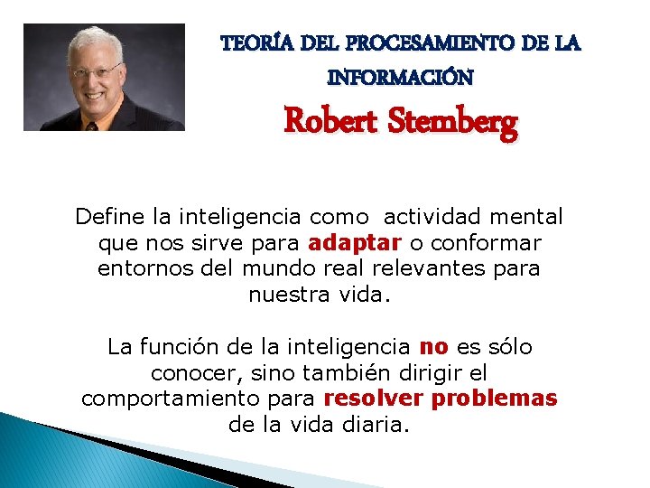 TEORÍA DEL PROCESAMIENTO DE LA INFORMACIÓN Robert Stemberg Define la inteligencia como actividad mental