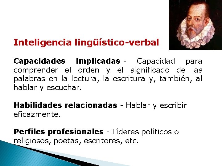 Inteligencia lingüístico-verbal Capacidades implicadas - Capacidad para comprender el orden y el significado de