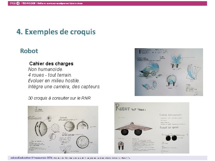 11 4. Exemples de croquis Robot Cahier des charges Non humanoïde. 4 roues -