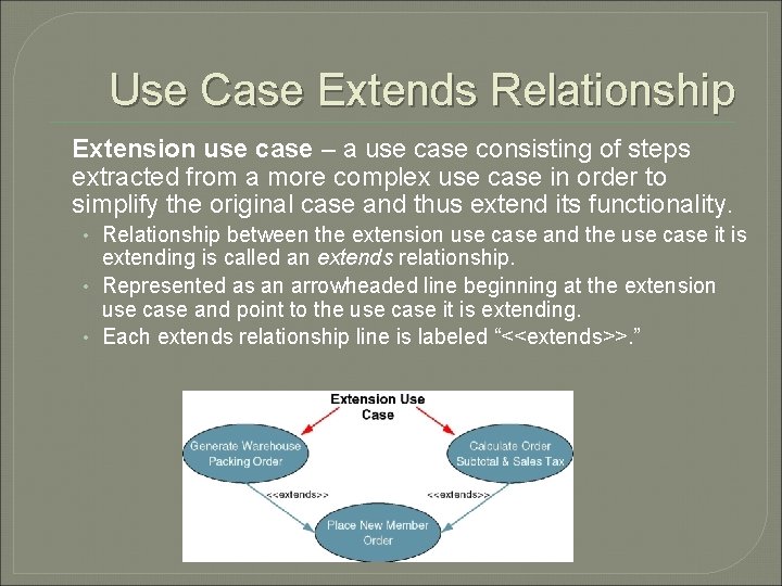 Use Case Extends Relationship Extension use case – a use case consisting of steps