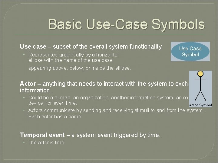 Basic Use-Case Symbols Use case – subset of the overall system functionality • Represented