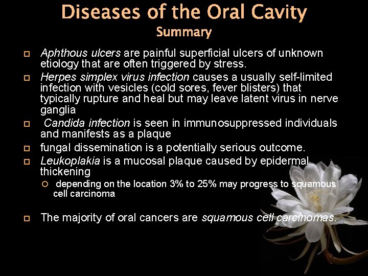 Diseases of the Oral Cavity Summary Aphthous ulcers are painful superficial ulcers of unknown