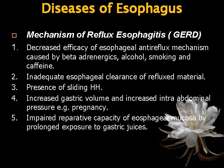 Diseases of Esophagus Mechanism of Reflux Esophagitis ( GERD) 1. Decreased efficacy of esophageal