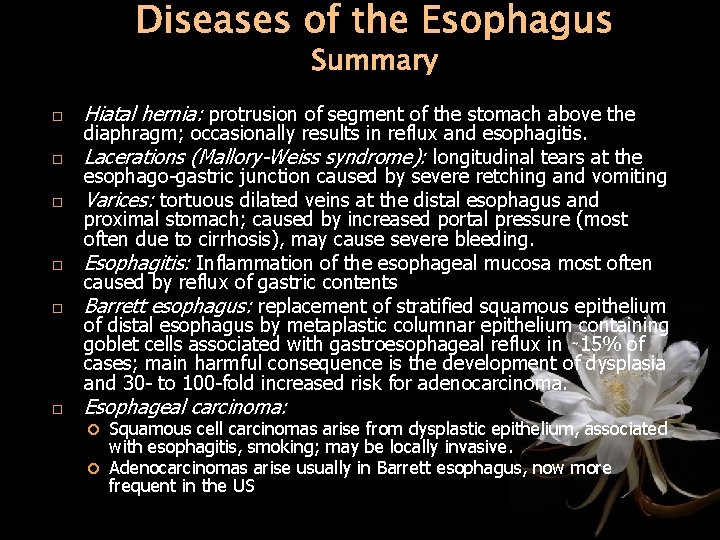 Diseases of the Esophagus Summary Hiatal hernia: protrusion of segment of the stomach above