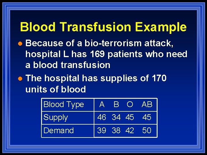 Blood Transfusion Example Because of a bio-terrorism attack, hospital L has 169 patients who