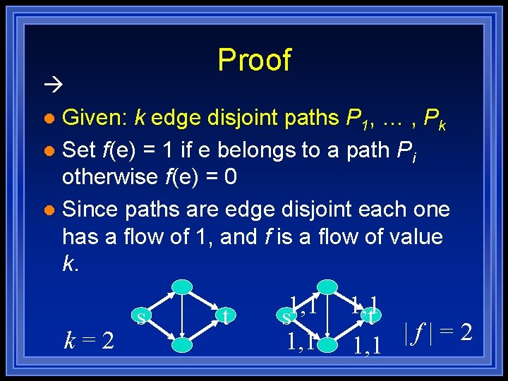 Proof l Given: k edge disjoint paths P 1, … , Pk l Set