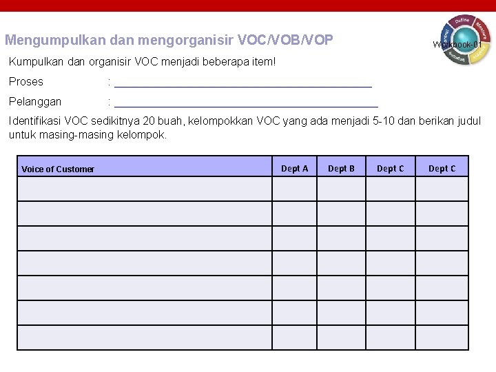 Mengumpulkan dan mengorganisir VOC/VOB/VOP Workbook-01 Kumpulkan dan organisir VOC menjadi beberapa item! Proses : Mengumpulkan dan mengorganisir VOC/VOB/VOP Workbook-01 Kumpulkan dan organisir VOC menjadi beberapa item! Proses :