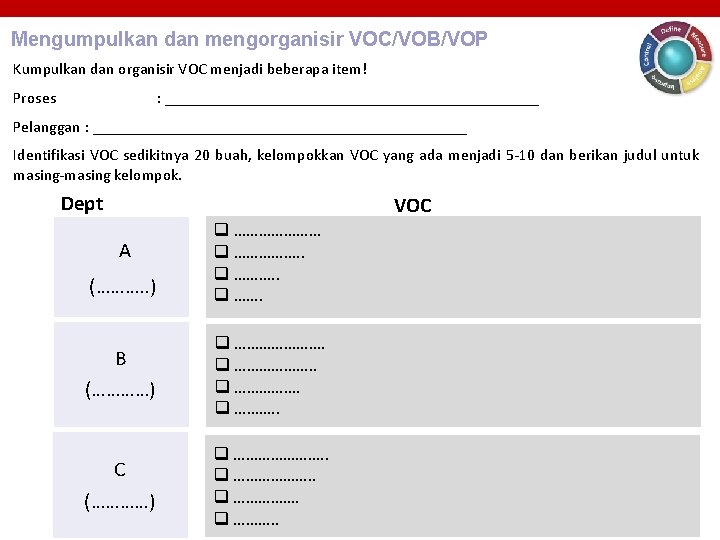 Mengumpulkan dan mengorganisir VOC/VOB/VOP Kumpulkan dan organisir VOC menjadi beberapa item! Proses : ________________________ Mengumpulkan dan mengorganisir VOC/VOB/VOP Kumpulkan dan organisir VOC menjadi beberapa item! Proses : ________________________