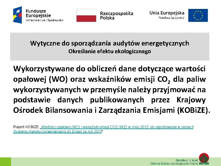 Wytyczne do sporządzania audytów energetycznych Określanie efektu ekologicznego Wykorzystywane do obliczeń dane dotyczące wartości