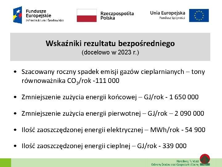 Wskaźniki rezultatu bezpośredniego (docelowo w 2023 r. ) • Szacowany roczny spadek emisji gazów