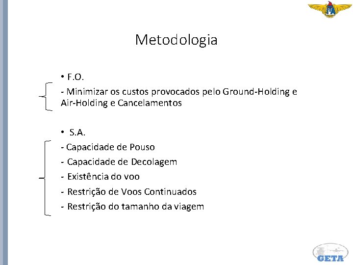 Metodologia • F. O. - Minimizar os custos provocados pelo Ground-Holding e Air-Holding e