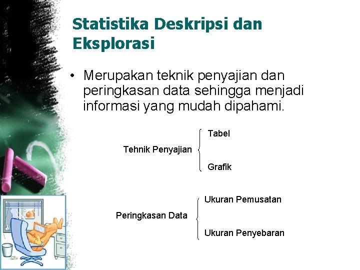 Statistika Deskripsi dan Eksplorasi • Merupakan teknik penyajian dan peringkasan data sehingga menjadi informasi