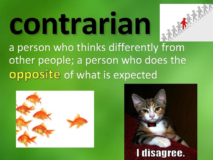 contrarian a person who thinks differently from other people; a person who does the