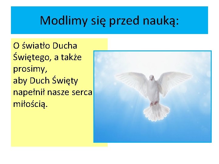 Modlimy się przed nauką: O światło Ducha Świętego, a także prosimy, aby Duch Święty