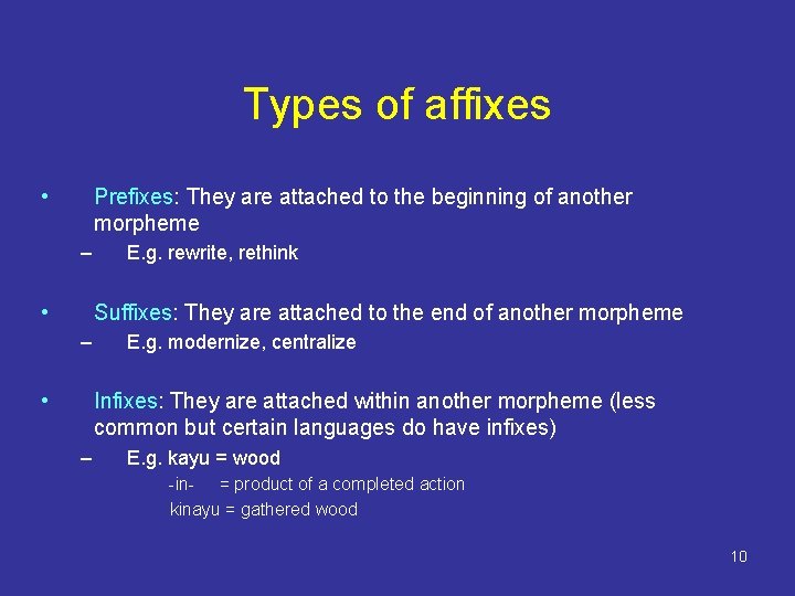 Types of affixes • Prefixes: They are attached to the beginning of another morpheme