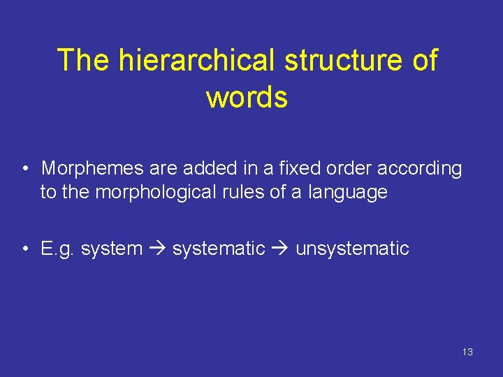 The hierarchical structure of words • Morphemes are added in a fixed order according