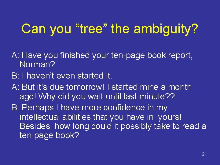Can you “tree” the ambiguity? A: Have you finished your ten-page book report, Norman?