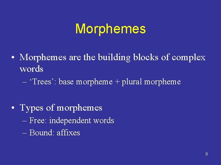 Morphemes • Morphemes are the building blocks of complex words – ‘Trees’: base morpheme