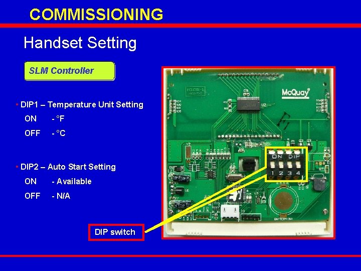 COMMISSIONING Handset Setting SLM Controller • DIP 1 – Temperature Unit Setting ON -