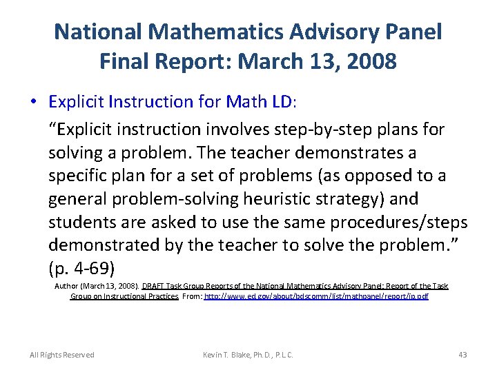 National Mathematics Advisory Panel Final Report: March 13, 2008 • Explicit Instruction for Math