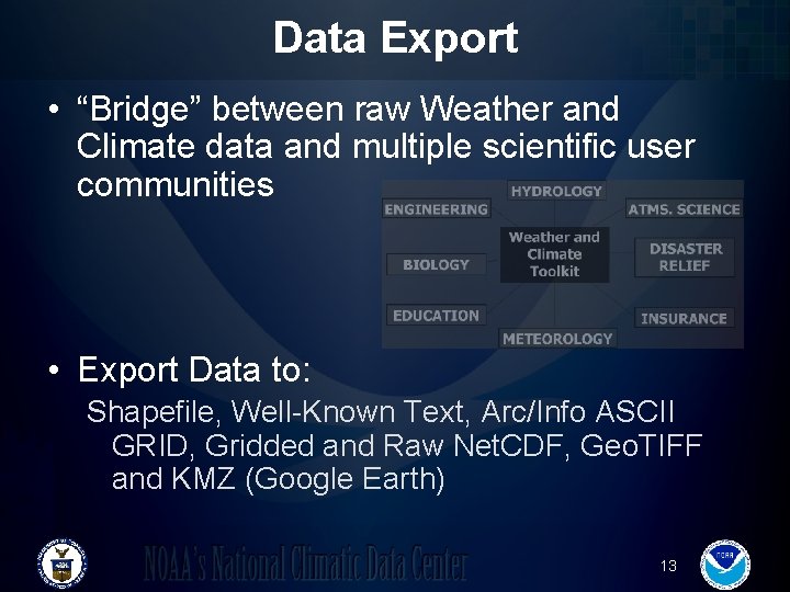 Data Export • “Bridge” between raw Weather and Climate data and multiple scientific user