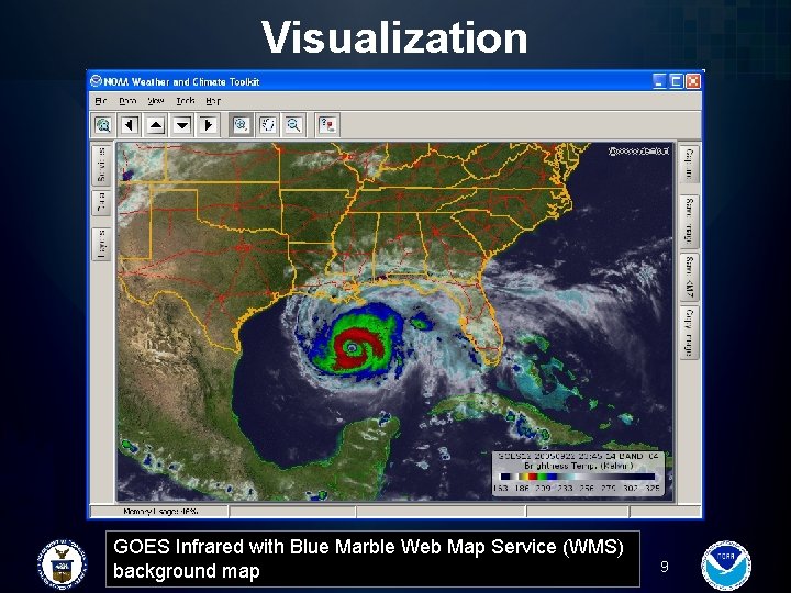 Visualization GOES Infrared with Blue Marble Web Map Service (WMS) background map 9 