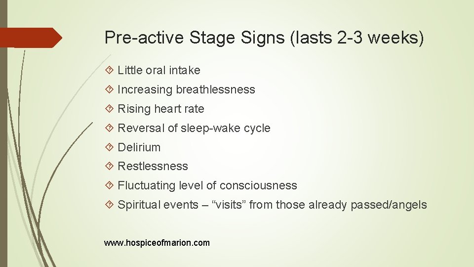 Pre-active Stage Signs (lasts 2 -3 weeks) Little oral intake Increasing breathlessness Rising heart
