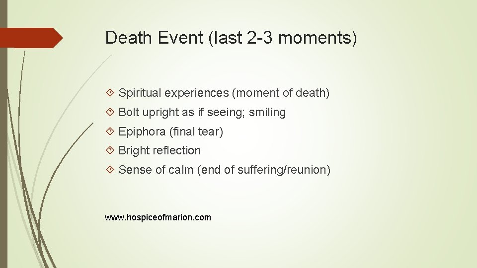 Death Event (last 2 -3 moments) Spiritual experiences (moment of death) Bolt upright as