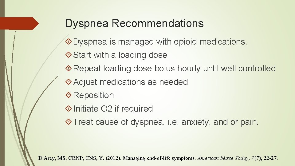 Dyspnea Recommendations Dyspnea is managed with opioid medications. Start with a loading dose Repeat