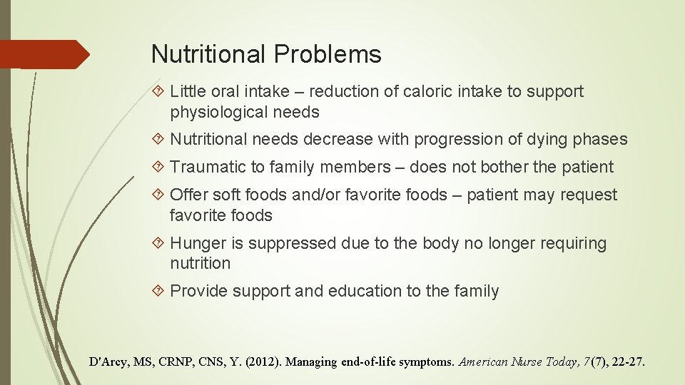 Nutritional Problems Little oral intake – reduction of caloric intake to support physiological needs