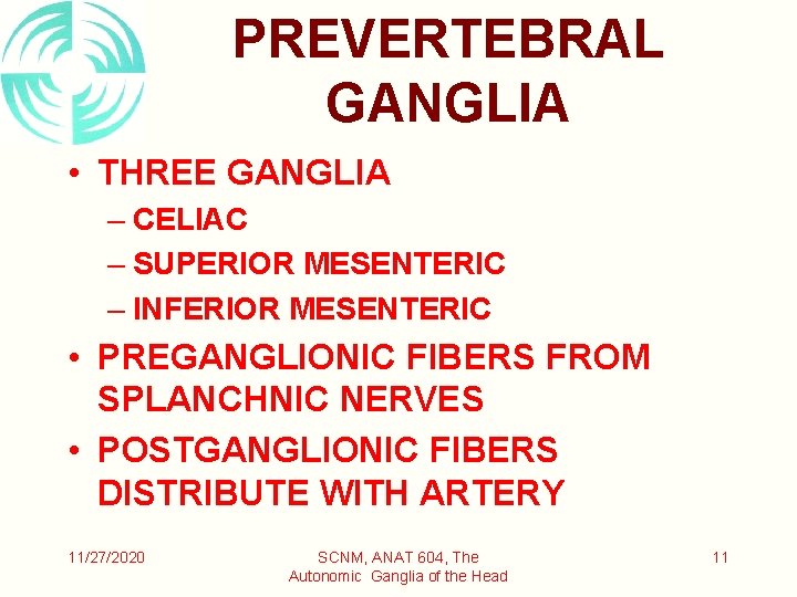 PREVERTEBRAL GANGLIA • THREE GANGLIA – CELIAC – SUPERIOR MESENTERIC – INFERIOR MESENTERIC •