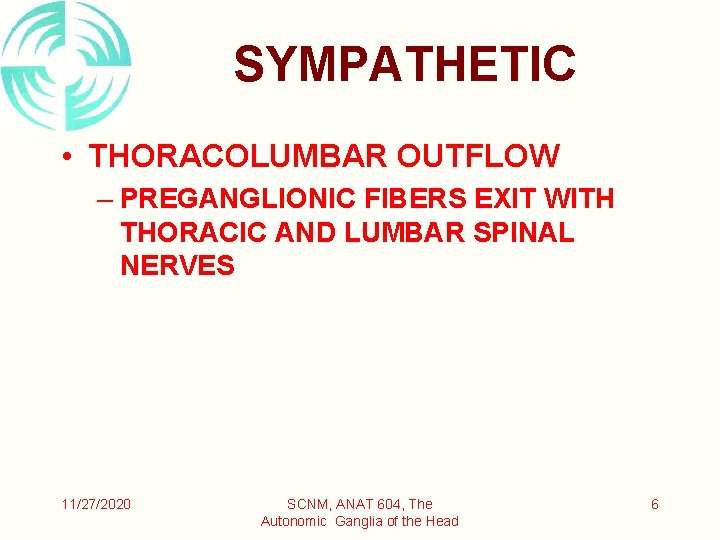 SYMPATHETIC • THORACOLUMBAR OUTFLOW – PREGANGLIONIC FIBERS EXIT WITH THORACIC AND LUMBAR SPINAL NERVES