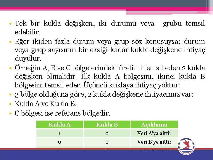  • Tek bir kukla değişken, iki durumu veya grubu temsil edebilir. • Eğer