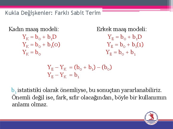 Kukla Değişkenler: Farklı Sabit Terim Kadın maaş modeli: YK = b 0 + b