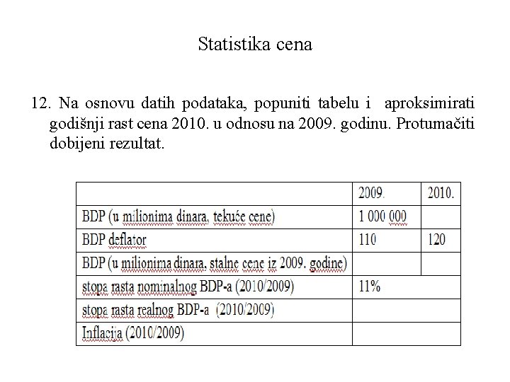 Statistika cena 12. Na osnovu datih podataka, popuniti tabelu i aproksimirati godišnji rast cena