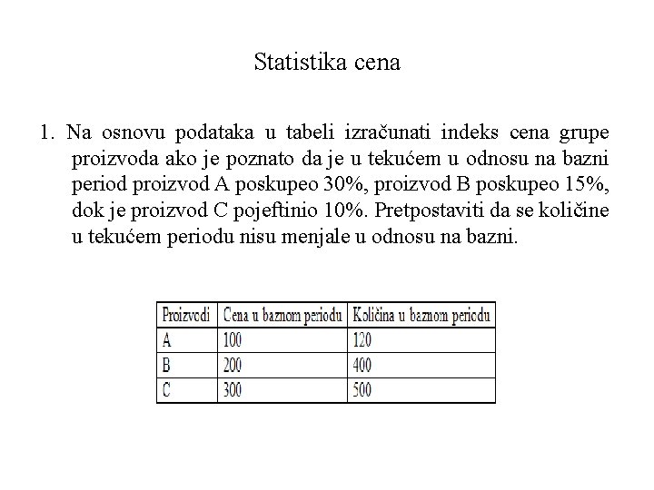 Statistika cena 1. Na osnovu podataka u tabeli izračunati indeks cena grupe proizvoda ako