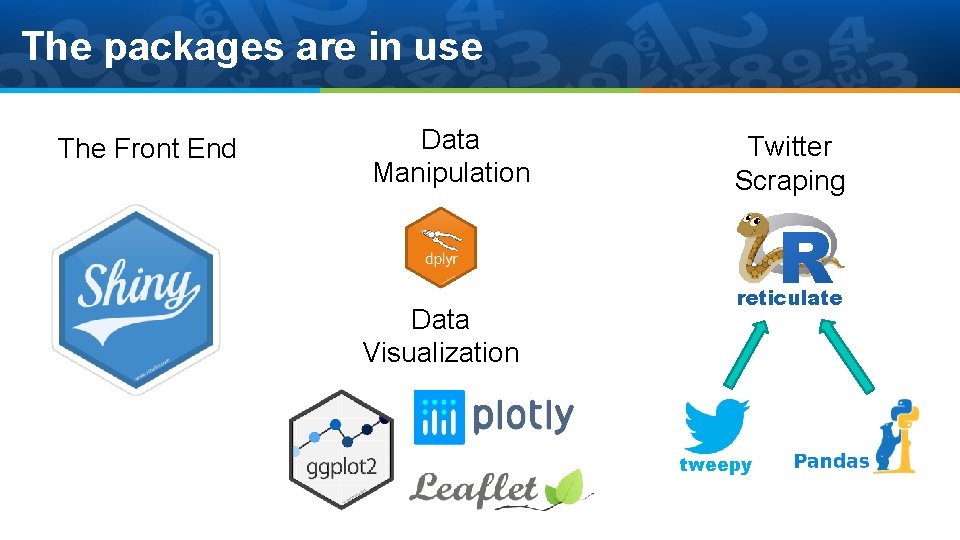 The packages are in use The Front End Data Manipulation Data Visualization Twitter Scraping The packages are in use The Front End Data Manipulation Data Visualization Twitter Scraping