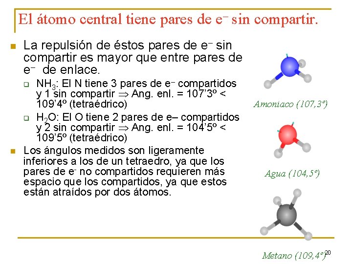 El átomo central tiene pares de e– sin compartir. n La repulsión de éstos