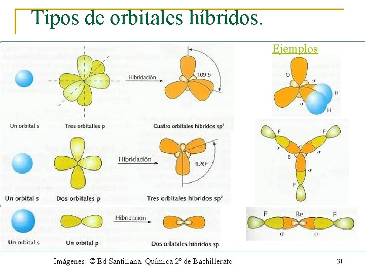 Tipos de orbitales híbridos. Ejemplos Imágenes: © Ed Santillana. Química 2º de Bachillerato 31