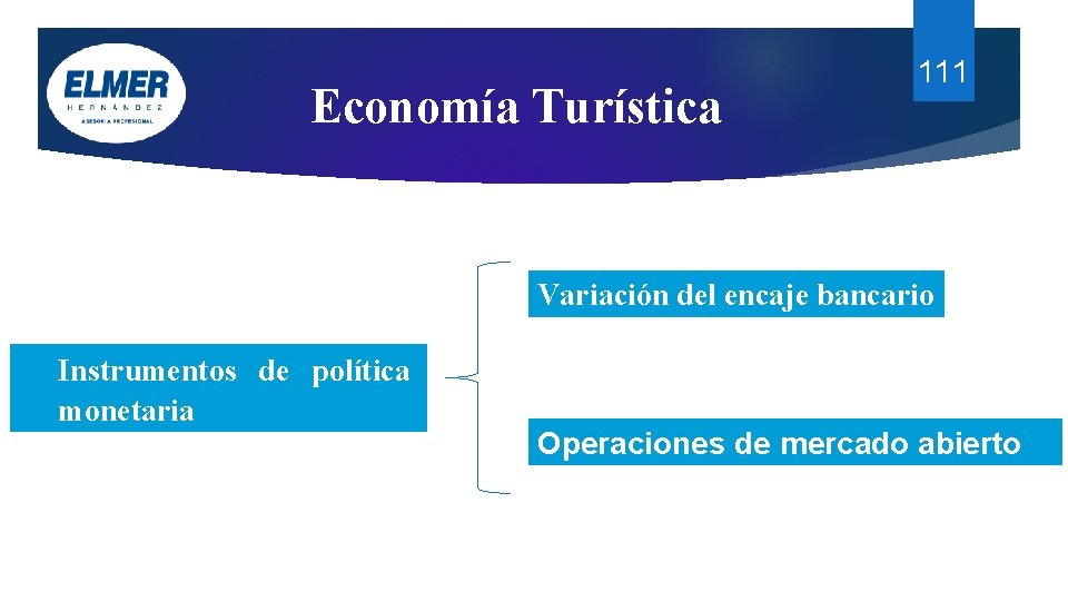 Economía Turística 111 Variación del encaje bancario Instrumentos de política monetaria Operaciones de mercado Economía Turística 111 Variación del encaje bancario Instrumentos de política monetaria Operaciones de mercado