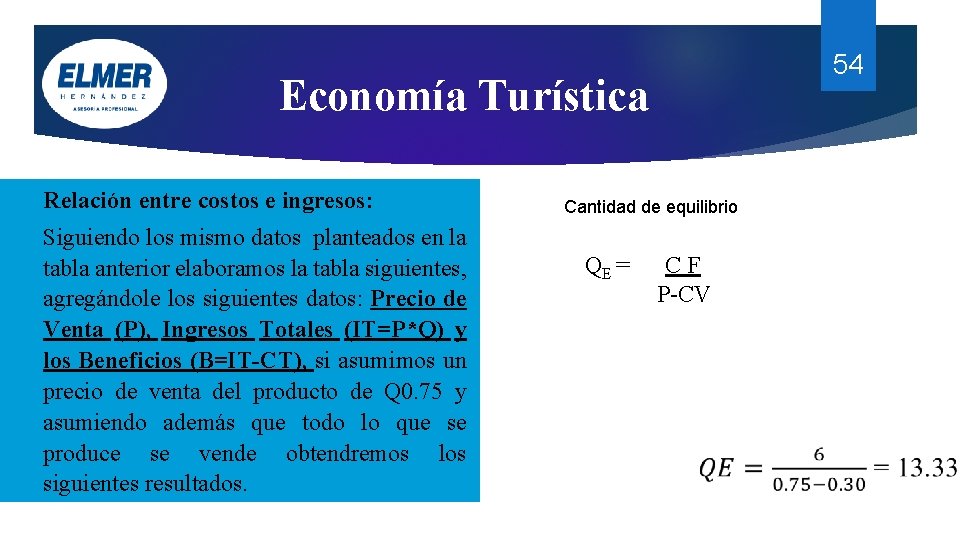 54 Economía Turística Relación entre costos e ingresos: Siguiendo los mismo datos planteados en 54 Economía Turística Relación entre costos e ingresos: Siguiendo los mismo datos planteados en