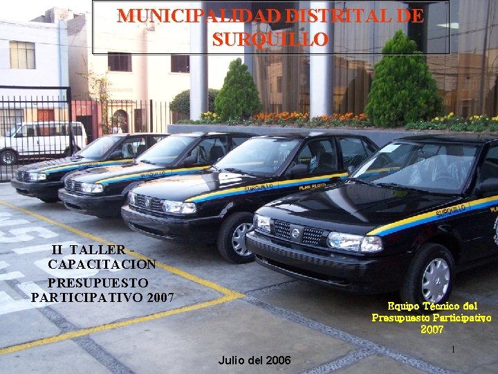 MUNICIPALIDAD DISTRITAL DE SURQUILLO II TALLER CAPACITACION PRESUPUESTO PARTICIPATIVO 2007 Equipo Técnico del Presupuesto
