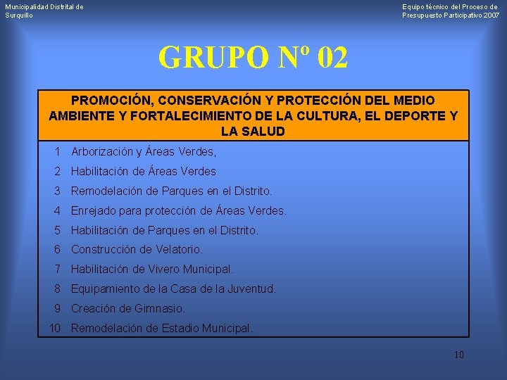 Municipalidad Distrital de Surquillo Equipo técnico del Proceso de Presupuesto Participativo 2007 GRUPO Nº